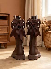 1 Pair Coffee Brown Girls' Pearl Bow High-Top Riding Boots, Soft PU Thick Sole Height-Increasing Inner Zipper Design, Fashionable Cute Princess Style Long Boots, Suitable For Daily School, Holidays, Parties, Autumn/Winter New Arrival - Coffee Brown - View 3