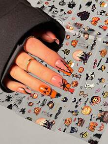 10pcs Random Halloween Nail Art Stickers, Including Pumpkin, Spider, Witch, Ghost And Skeleton Patterns, For 3D Nail Decoration - View 1