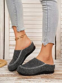 Vintage Tweed Closed-Toe Backless Slip-On Shoes, Handmade Stitched Thick Sole Slouchy Slippers - Dark Grey - View 2
