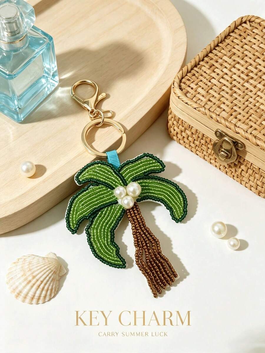 1pc Beaded Alloy Faux Pearl Tassel Palm Tree Bag Charm, Tropical Vacation Style Keychain, Car Key Decor, Backpack Pendant, Women's Holiday Gift - Multicolor - View 1