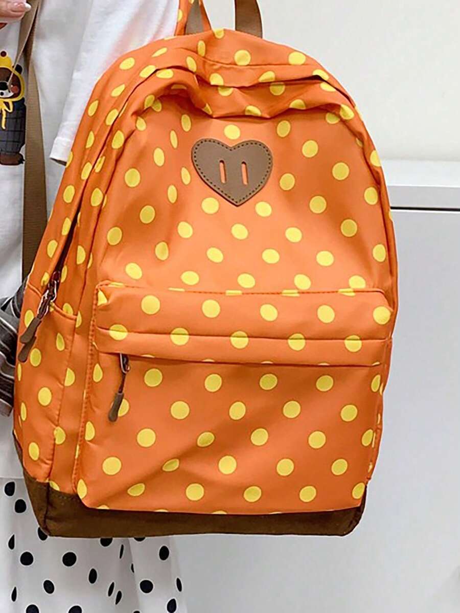 Mochila de gran capacidad conúltiples bolsillos y estampado de lunares, estilo minimalista, adecuada para viajes, salidas, compras, vacaciones, puede contener portátil, libros de texto, ropa - Naranja - Ver 1