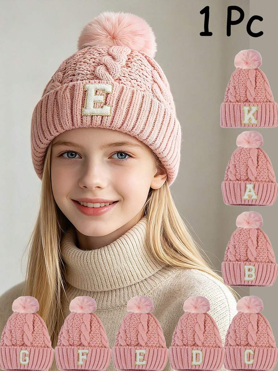 1pc Girls Braided Ball Knit Hat, Customized A-Z Letter Warm Folded Cuff ...