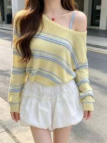 Atmospheric Gentle Korean Style, Bestselling Striped Knit Cover Up, Round Neck Short Hollow Knit Sweater, Spring/Autumn, Loose Collarbone Design Fall - Yellow - View 4