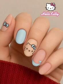 Sanrio Hello Kitty 24pcs Y2K Short Oval 3d Matte Blue French Press On Nails With Hello Kitty, Heart And Bow Pattern Design,Perfect Fit Acrylic False Nails Set, Including 1 Jelly Gule And 1 Nail File, Hello Kitty Nails For Girls Daily Party Use - Multicolor - View 1