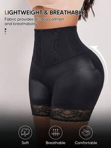 Women's High Waist Lace Patchwork Shaping Shorts, Tummy Control Butt Lift Smoothing Underwear, Soft Comfortable Shorts, Suitable For Autumn And Party - Black - View 5