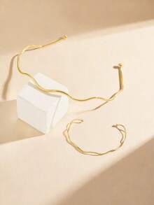 2pcs Fashionable Minimalist Wavy Collar Necklace & Bracelet Set, Exquisite Women's Jewelry, Suitable For Daily Wear, Party, Gift, Summer Celebration - Yellow Gold - View 3