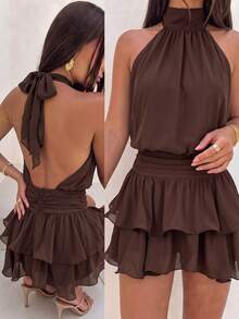 Elegant Fashion Brown Halter Neck Backless Layered Ruffle Mini Dress - Wedding Party - Brown - View 9