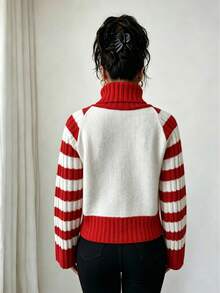 Women's Classic Red & White Colorblock High Neck Knit Sweater, Raglan Sleeves, Horizontal Stripes, Ribbed Cuffs & Hem, Loose Fit, Soft & Warm Pullover Top, Casual Everyday Wear For Autumn/Winter - Red and White - View 2