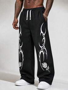 Plus Size Men's Loose Wide Leg Pants, Dark Lightning Rose Print Streetwear Casual Trousers - Black - View 2