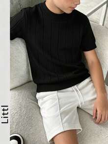 Boys' Teen Student Casual Solid Color Crew Neck Pullover Ribbed Knit Short Sleeve T-Shirt Spring Summer Top - Black - View 2