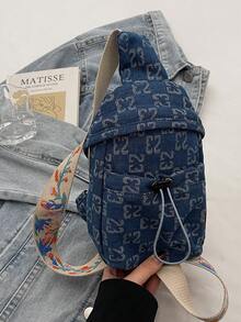 All-Over Print Repeated Letter Design Waist Bag Chest Bag Adjustable Contrast Color Wide Strap Front Back Multi-Way Carry Drawstring Design Zipper Closure Outdoor Sports Jogging Cycling Commuting School Work Travel Outdoor Outing Personal Storage - Blue - View 7