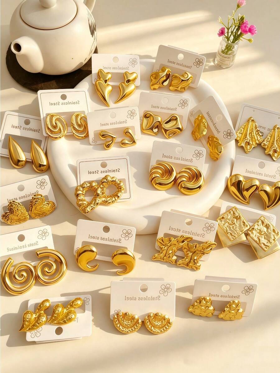 4/8/16/24 Pcs Assorted Metallic Stainless Steel Geometric & Heart Earrings – Stylish Women's Accessories For Casual Wear & Dates - Multicolor - View 1