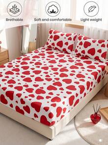 1pc Heart Pattern Fitted Sheet, Mattress Cover, Fitted Sheet, Autumn Bedding, Comfortable Breathable Wrinkle-Resistant, Machine Washable, Twin/Full/Queen/King, Dorm Bedding, All Season, Pillow And Pillowcase Not Included, Bedroom Decor, Autumn Room Decor - Multicolor - View 5