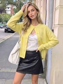 Nicenter Women's Fall Winter Yellow Wool Blend Drop Shoulder Long Sleeve Button Front Ribbed Trim Cardigan Sweater, Casual Simple For Office Daily Home Date - Yellow - View 6
