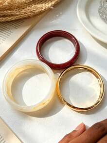 3pcs/1pc Vintage Minimalist Punk Style Women's Acrylic & CCB Textured Bracelet Set, Suitable For Dating, Vacation, Gift, Party, Daily Wear, Stackable, Perfect Choice - Gold - View 4