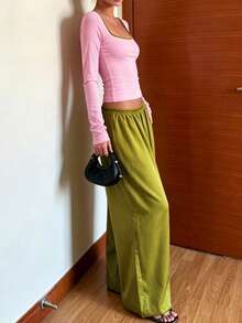 Women's Autumn Fashion Square Neck Long Sleeve Top And Comfortable Loose Green Wide Leg Pants Set - Green - View 5