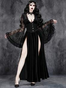 Women's Gothic Sexy Halloween Ghost Bride Cosplay Witch High Slit Lace Patchwork Velvet Stretch Dress - Black - View 2