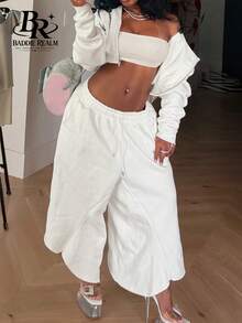 BADDIE REALM Women's 2-Piece Set Front Zipper Loose Fit Street Style Casual Basic Travel Outfit - White - View 3
