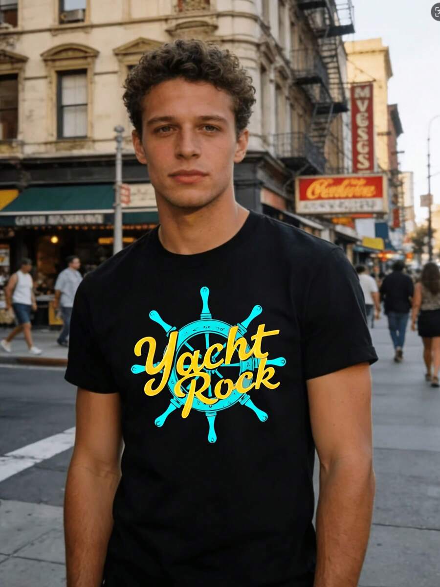 Unisex T-Shirt Men'S Loose-Fitting Graphic Tee Featuring A Yacht Rock Theme With A Ship Wheel Design, Ideal For Gifts And Suitable For Any Season - Black - View 1