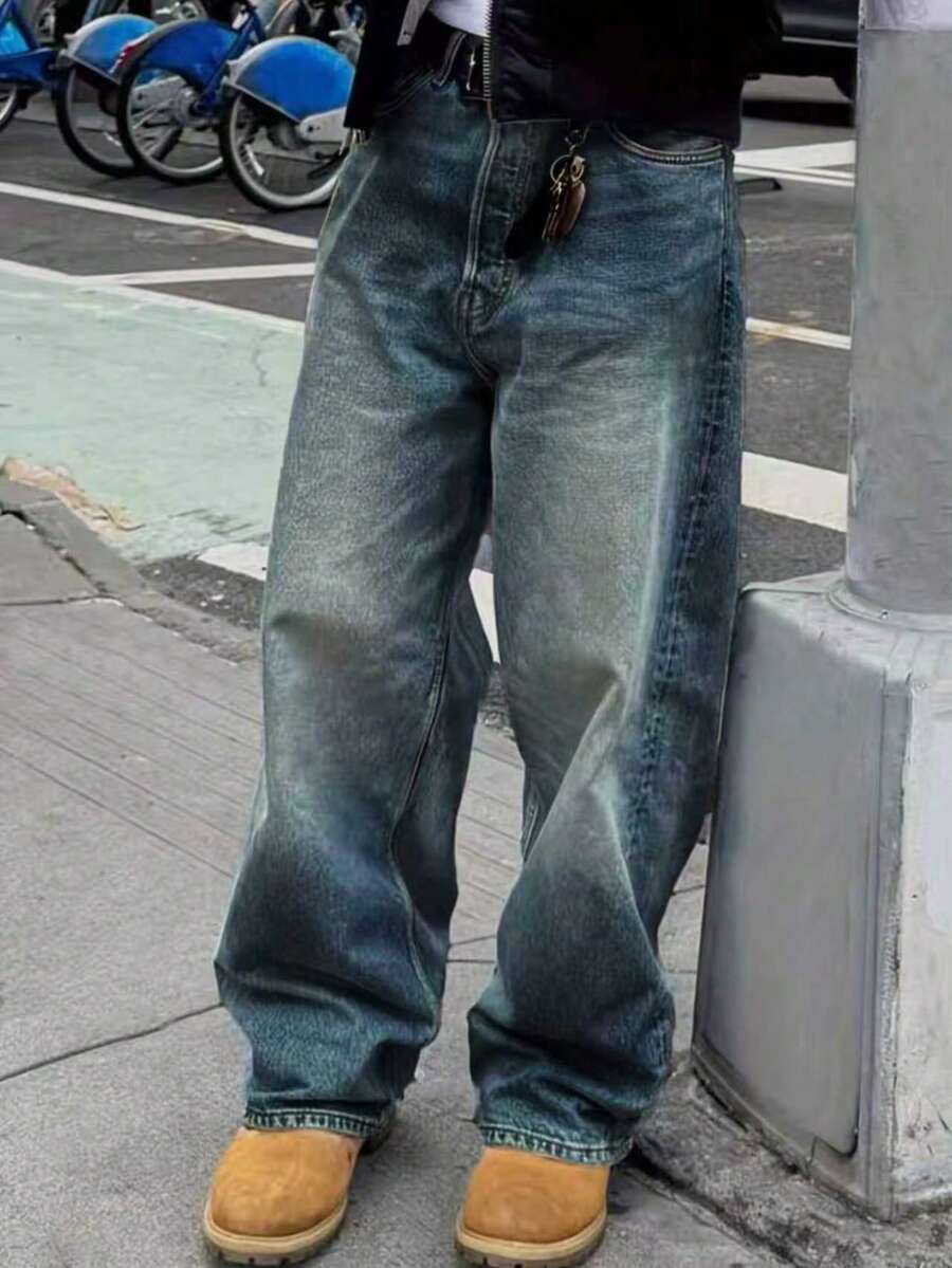 Men's Blue Loose Retro Wide Leg Jeans, Casual And Comfortable, Suitable For All Seasons - Medium Wash - View 1