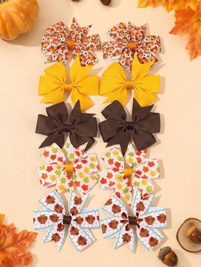 10pcs/Set Thanksgiving Day Bow Hair Clips,Orange Pumpkin Maple Leaf Turkey Hair Bows,Cute Hair Accessories For Girls Gifts Fall Winter Holiday Party