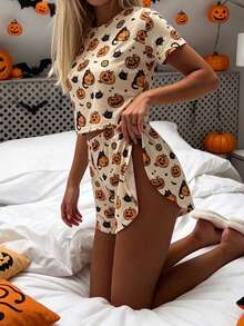 Set 2 pcs Minimalis Motif Hantu Halloween, Pakaian Santai Longgar Rajut, Atasan Lengan Panjang dan Celana Pendek Belahan Samping, Cocok untuk Digunakan di Rumah - Aprikot - View 4