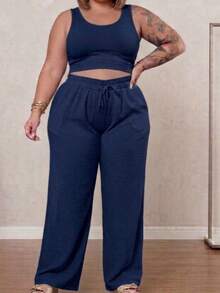 Calça Pantalona Plus Size Feminina Elástico Na Cintura Com Bolso Cintura Alta Tecido Duna - Azul Marinho - Visão 5