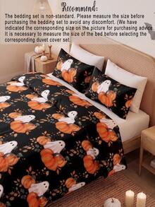 2pcs/3pcs Black Background Cute Ghosts Picking Pumpkins Halloween Style Digital Printed Bedspread Set (1 Duvet Cover + 1/2 Pillowcases Without Insert) Suitable For Daily Use, Made Of Polyester And Other Synthetic Fibers, Soft And Comfortable For Skin - Multicolor - View 4