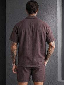 Men's Brown Patch Pocket Vacation Style Short Sleeve Shirt And Shorts Casual Set - Coffee Brown - View 2