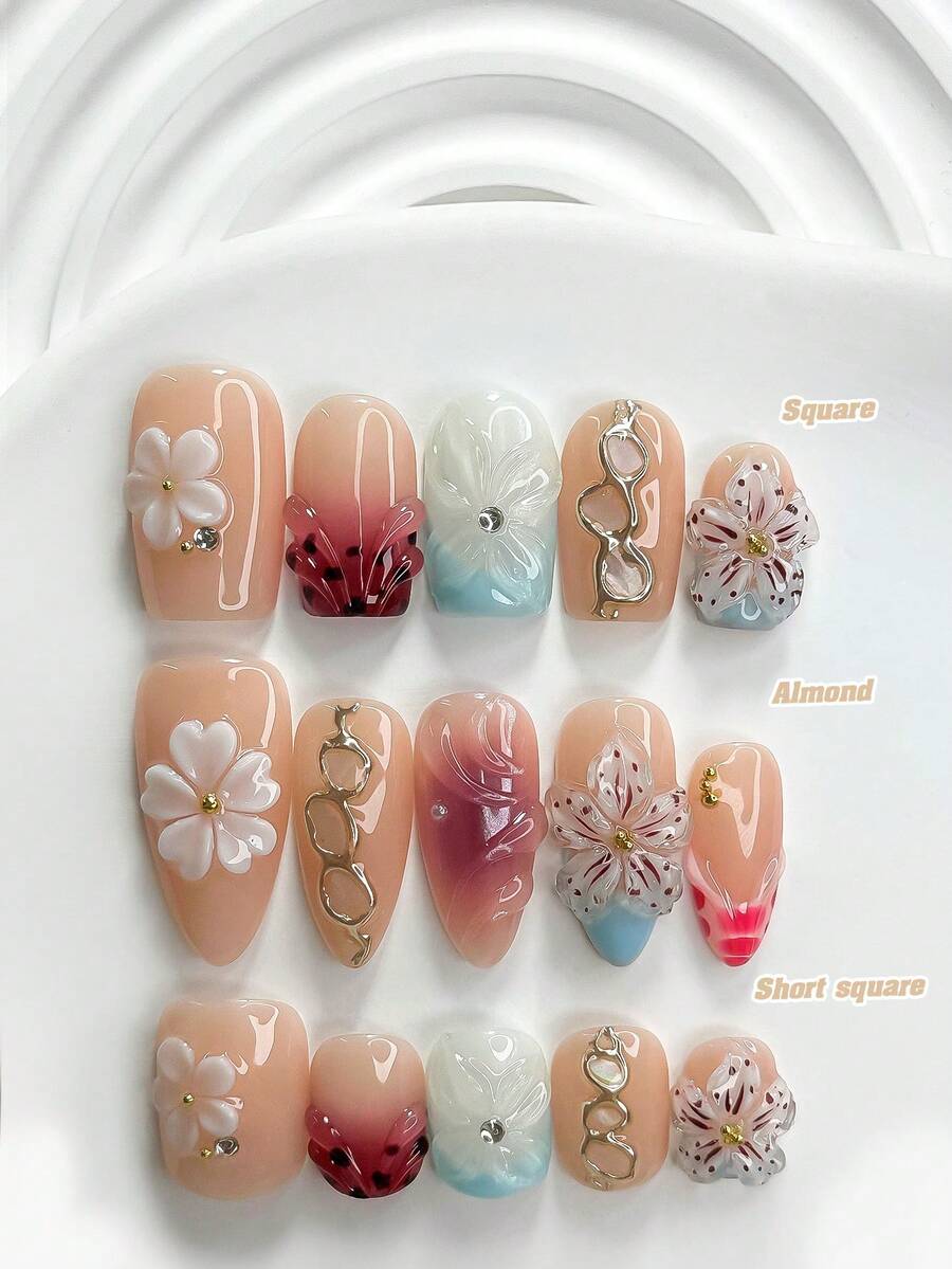 10片精緻手工穿戴甲,Polygel美甲套組,手雕花卉圖案,水滴形,藍紅指甲油,時尚風格,附美甲工具,3種尺寸可選:方形、短方形、杏仁形,適合派對、舞蹈、日常配戴 - 彩色 - 查看 1
