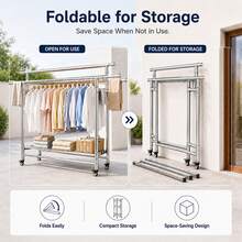 ERUIV Foldable 3-Tier Clothes Drying Rack, Drying Rack For Clothes, Towels And Bedding, Mobile Clothes Rack With Wheels, Space-Saving, Rollable And Easy To Move, With Wind Protection Strips, Ideal For Balcony, Bedroom, Bathroom And Outdoor Areas - 38-tube Folding Three-bar Clothes Hanger - View 7