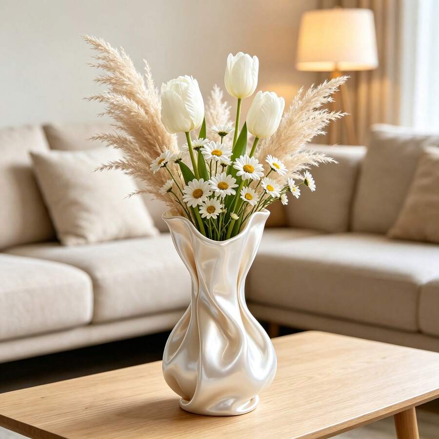 Vas Putih Berbentuk Cair, Vas Pita Berpilin Cetak 3D dengan Tepi Bergelombang, Dekorasi Meja Elegan untuk Buket Romantis dan Dekorasi Pernikahan, Cocok untuk Meja Rias, Meja Rias Wajah, dan Meja Makan, Dekorasi Interior Gaya Pedesaan Prancis Modern - vas - View 1
