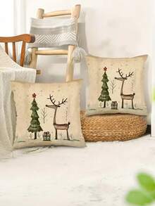 1/2/4Pcs Featuring A Deer And Tree Design In Beige And Green, Perfect For Holiday Decor. They Come With A Zipper Closure, Are Machine Washable, And Ideal For Sofa And Home Decoration - Apricot - View 2