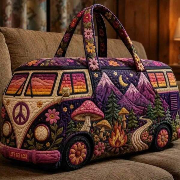 Bohemian Vintage Bus Print Travel Bag, Large Capacity Weekend Overnight Bag With Shoulder Strap, Quilted Bohemian Style Thickened Sports Luggage Bag, Suitable For Gym, Portable Short Trip Carry-On Luggage, Spacious Clothing Storage Tote Bag, Unisex, Travel Essential