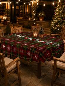 1pc Christmas Plaid Tablecloth, Classic Polyester Rectangular Tablecloth, Printed With Greenery Wreath, Red Berries, Decorative Balls And Snowflake Patterns, Suitable For Kitchen Decor, Wedding, Home Decor, Room Decor, Christmas Home Decor And Classroom Decor - Multicolor - View 5