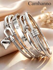 Camhanno 5pcs/2pcs Commuter Versatile Bracelet Set, Stainless Steel Multi-Style Combination, Exquisite Texture, Hypoallergenic, Hand Jewelry - Silver - View 5