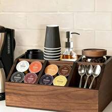1pc 5-Compartment Wooden Coffee Bar Organizer, Vintage Country Style Countertop Storage Box, Suitable For Coffee Capsules, Coffee Cups, Spoons And Accessories, Farmhouse Style Kitchen Coffee Station Decor - Multicolor - View 1