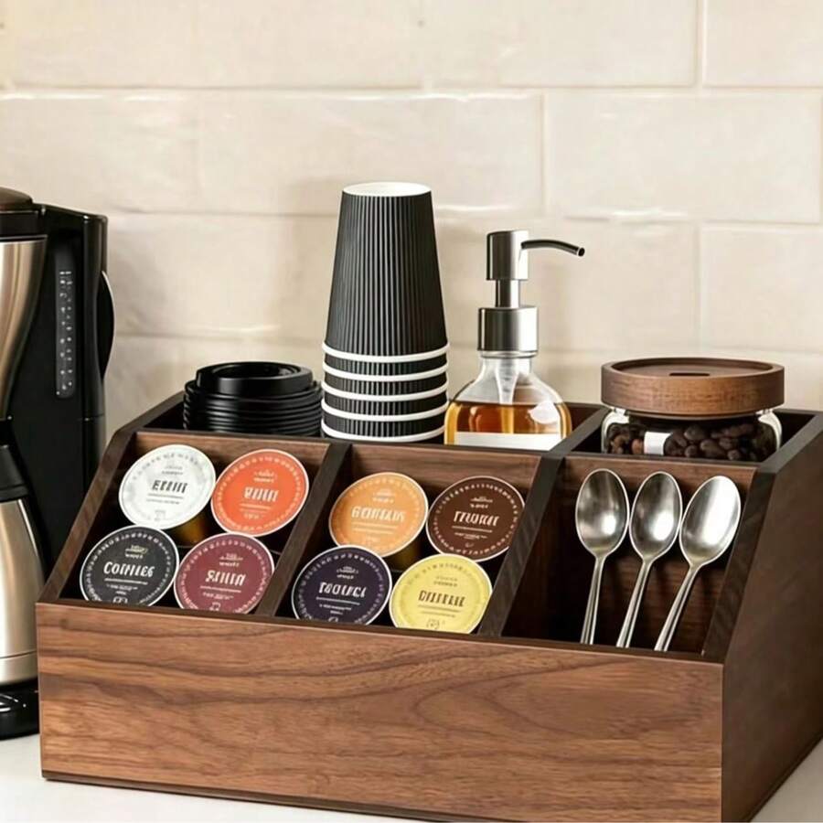 1pc 5-Compartment Wooden Coffee Bar Organizer, Vintage Country Style Countertop Storage Box, Suitable For Coffee Capsules, Coffee Cups, Spoons And Accessories, Farmhouse Style Kitchen Coffee Station Decor - Multicolor - View 1