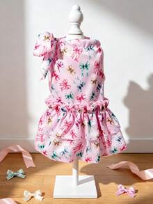 LUCKIE PAL 1pc Colorful Bowknot Pattern Elegant Halter Pet Dress Suitable For Chihuahua Small Dogs Wedding Dog Clothing Pet Dress For Cats And Dogs Indoor And Outdoor - Pink - View 2