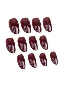 24pcs Autumn/Winter Vintage Street Style Spicy Girl Minimalist Casual Elegant Daily Wear Gold Metal Bead Decor Burgundy Floral Pattern Short Oval Press-On Nails Fake Nail Set, Suitable For Elegant And Sophisticated Girls And Women - Burgundy - View 3