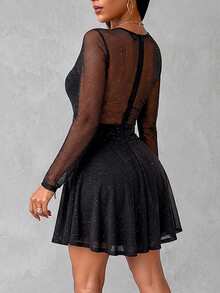 Glitter Sheer Mesh See Through Contrast Lace Long Sleeve Mini Dress Deep V Neck A Line Dresses Black Elegant - Black - View 2