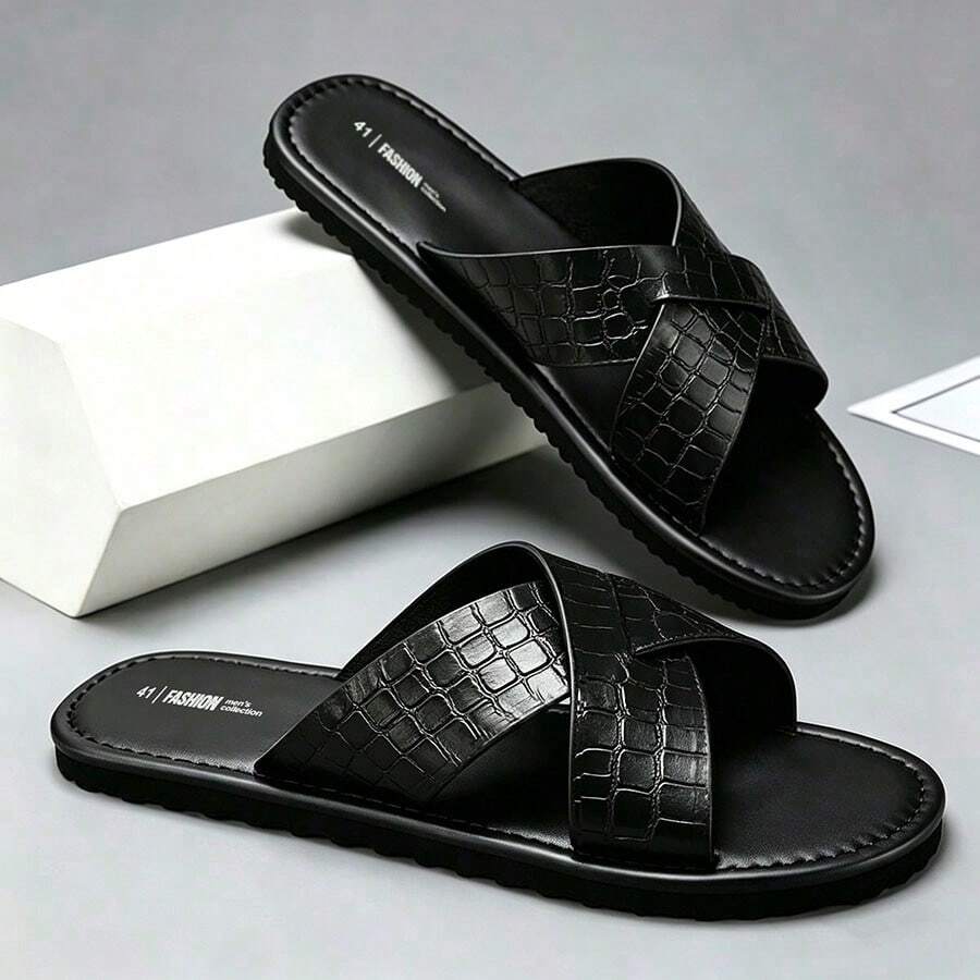 Men's Crocodile Embossed Cross Strap Sandals, Fashion Open Toe Faux Leather Slippers, Non-Slip Soft Sole Casual Outdoor Beach Summer Walking Roman Slides - Black - View 1