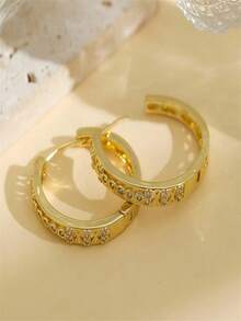 1 Pair Vintage Hollow Cross Lattice Round Hoop Earrings, Gold Plated, Mixed Round CZ Rhinestone, Snap Closure Hoop Earrings, Elegant Daily Party Jewelry - White - View 3