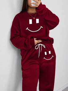 Plus Size Women's Cute Face Print Crew Neck Long Sleeve Sweatshirt And Sweatpants Casual Set, Suitable For Autumn/Winter Home, Sports And Leisure Wear, Comfortable And Warm. - Burgundy - View 5