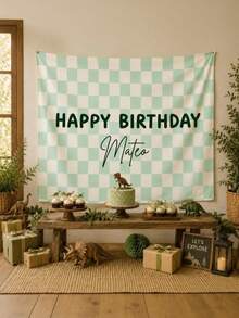 Customizable Name Plaid Happy Birthday Backdrop, Personalized Multi-Color Bohemian Style Birthday Wall Decor, Indoor/Outdoor Use, Birthday Party Cake Smash Background Decoration Photography Banner, Polyester Material - Type B - View 6