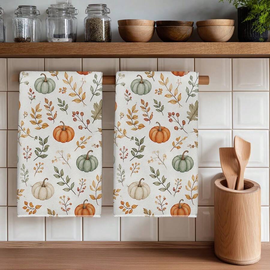 2pcs Autumn Theme Mori Style Autumn Leaf Pumpkin Floral Pattern Kitchen Towels, Rectangular Microfiber, Dish Cloth, Scouring Pad, Hand Towel, Cooking Baking Tea Towel, Kitchen Decor, Housewarming Gift, Birthday Gift, Bathroom Cleaning Wet Wipes, Decorative Towels - White - View 1