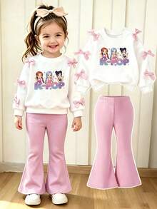 Baby Girl Cartoon Letter Print Crew Neck Sweatshirt And Flare Pants Set - White - View 1