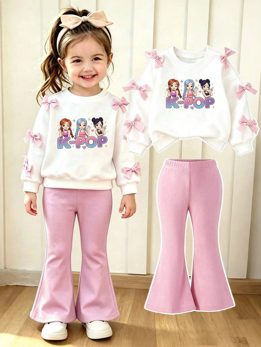 Baby Girl Cartoon Letter Print Crew Neck Sweatshirt And Flare Pants Set - White - View 1