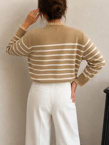Sweater Rajut Bergaris Kontras Warna untuk Wanita, Cocok untuk Acara Santai/Bangun di Musim Gugur/Dingin, Kerah Renda, Detail Kancing di Manset, Sesuai untuk Acara Makan Siang Santai. - MultiWarna - View 7