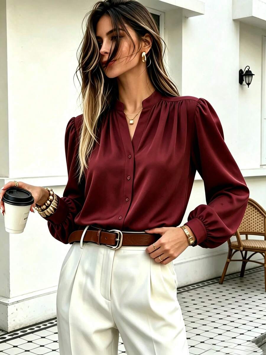 Women's Elegant Solid Color Casual Commute Single-Breasted Notched Collar Long Sleeve Blouse - Redwood - View 1